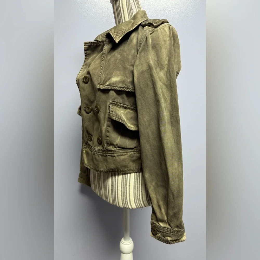 LONDON Jean Olive dyed distressed cropped double breasted utility Jacket size L - Picture 3 of 15